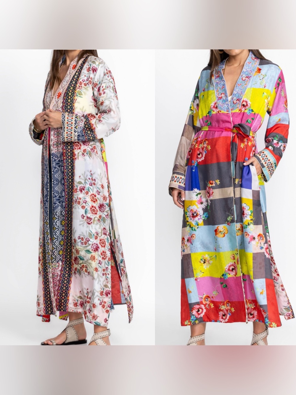 Johnny Was M Colorful Silk Kimono Tie Waist Duster Floral Embroidered